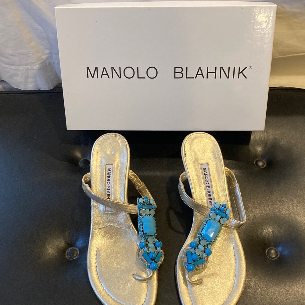 Manolo Blahnik Metallic Gold Heels with Turquoise Embellishments